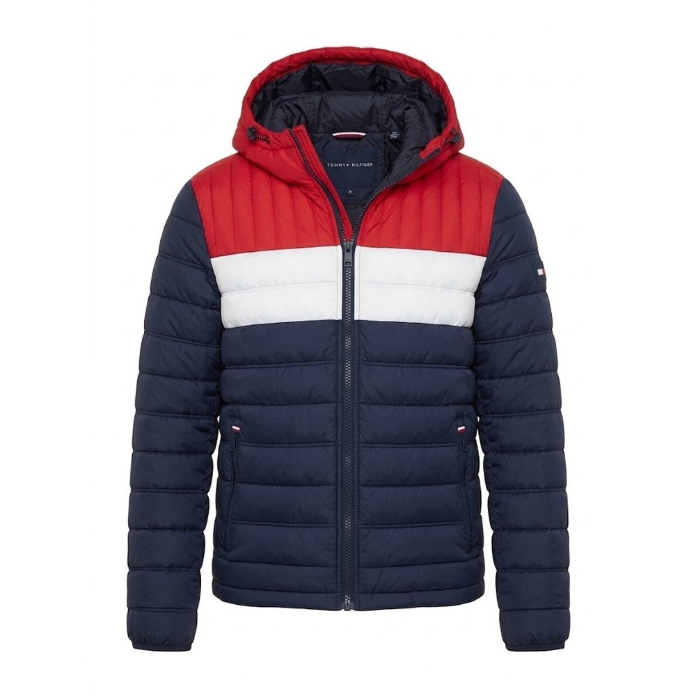Tommy Hilfiger Puffer Jacket Women Small Navy Red Colorblock Quilted Hooded Coat